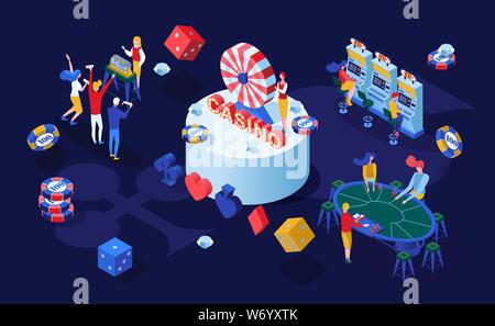 Jeux de hasard Casino vector illustration isométrique. Les joueurs à jouer au poker, blackjack jeux de cartes et de personnages 3D de loterie de bingo. Paris, addictive entertainment dimensions Illustration de Vecteur