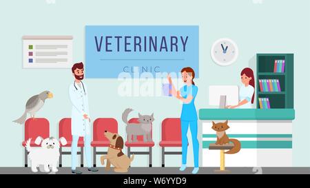 Clinique vétérinaire d'illustration vectorielle, les travailleurs. Les vétérinaires, vétérinaires professionnels contrôle des animaux domestiques, animaux domestiques personnages de santé. Les médecins assistant, réceptionniste de l'hôpital la programmation des patients Illustration de Vecteur