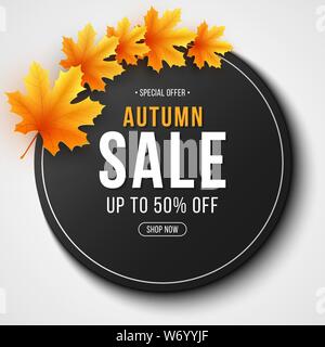 Vente d'automne label. Invitation de la carte-cadeau. Bannière Web avec lettrage. Ronde saisonnière bannière avec les feuilles d'automne. Feuille d'érable. Vente de saison. Vector illust Illustration de Vecteur