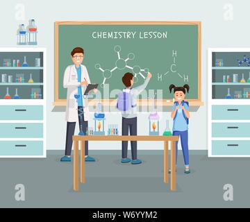 Cours de chimie télévision vector illustration. Professeur de dessin animé en manteau blanc expliquant la structure de la molécule d'élèves. Écolier, lycéenne en chimie dessin laboratoire substance formule on chalkboard Illustration de Vecteur