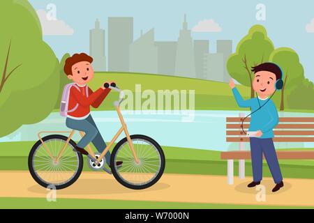 Réunion d'amis du parc urbain en illustration. Boy riding bicycle, l'adolescence dans la musique en écoute au casque city park de loisirs de personnages de dessins animés. Les gens des activités de plein air, de loisir et passe-temps Illustration de Vecteur