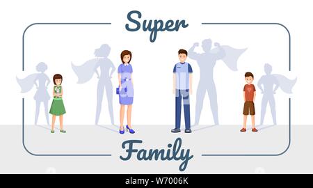 Vecteur de la famille Super modèle de page. Smiling family, mère forte, père et enfants avec l'ombre de super-héros des personnages de dessins animés dans l'image. Les personnes réussies, heureux fils et fille Illustration de Vecteur