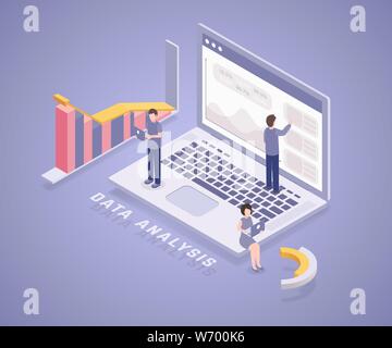 L'analyse des données financières vecteur bannière modèle. L'équipe d'analystes professionnels, les travailleurs de bureau 3D de personnages de dessins animés. Des collègues qui travaillent avec des ordinateurs portables de l'entreprise illustration isométrique avec typographie Illustration de Vecteur