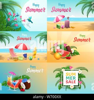 Vous pourrez vous détendre en été. bannières vecteur télévision Station balnéaire de summertime locations de typographie avec plage de sable, des cocktails de fruits exotiques et de décor. Vente d'été, offre spéciale affiche promotionnelle mise en page design Illustration de Vecteur