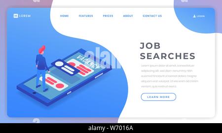 La recherche d'emploi Modèle de page d'atterrissage isométrique. Homme au chômage le choix d'emploi sur Internet, à l'aide de l'application mobile mise en page d'accueil du site. Agent des RH de l'affichage en ligne d'offres d'emploi illustration Illustration de Vecteur