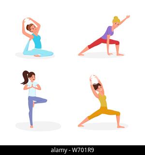 Les femmes faisant du yoga télévision vector illustration set. In postures de yoga, stretching et l'exercice de personnages de dessins animés. La gymnastique, d'entraînement dans différentes postures isolé sur fond blanc Illustration de Vecteur