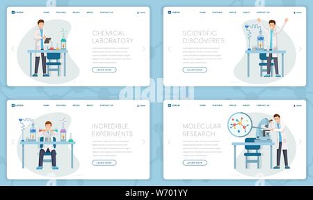 Laboratoire chimique vector landing pages modèles. Caricature des chercheurs, des scientifiques de faire des expériences, des tests, l'étude de molécules, de faire des découvertes. Centre de recherches novatrices de mise en page conception de page web Illustration de Vecteur