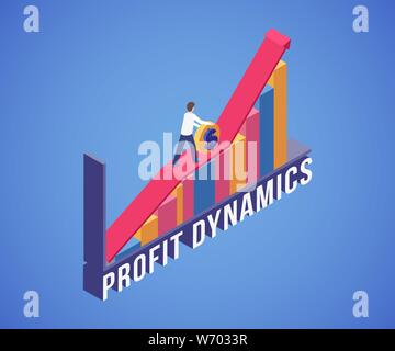 Bannière dynamique sans but lucratif modèle vectoriel. Homme d'affaires prospère, employé de bureau d'analyse financière 3D cartoon character. Comité permanent de l'entrepreneur sur l'illustration isométrique de l'histogramme avec typographie Illustration de Vecteur