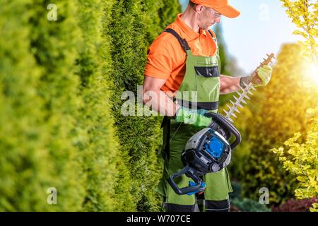 Jardinier du Caucase avec jardin d'équipement. Tondeuse à essence. Le taillage de haie travail. Banque D'Images