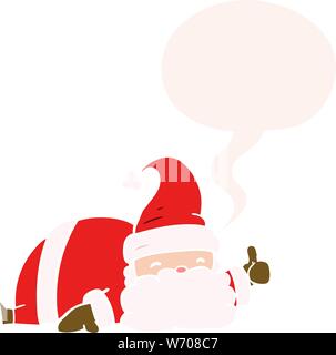 Cartoon sleepy santa giving Thumbs up symbole avec bulle en style retro Illustration de Vecteur