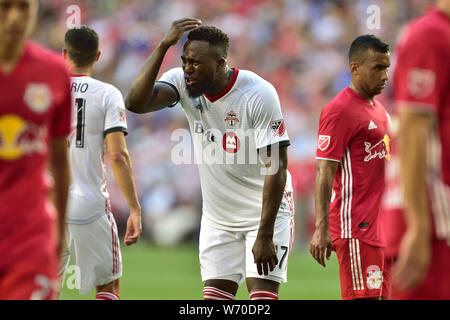 Harrison, New Jersey, USA. 3e août 2019. L'UNICEF demande l'avant Toronto FC (17) réagit au Red Bull Arena de Harrison New Jersey New York bat Toronto 2 à 0 Crédit : Brooks von Arx/ZUMA/Alamy Fil Live News Banque D'Images