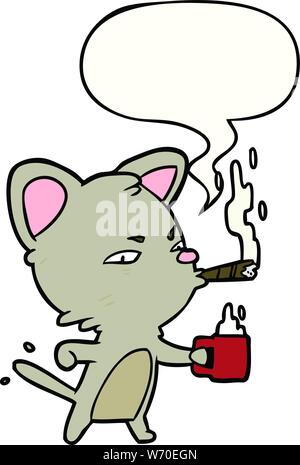 Cartoon chat sérieux avec café et cigare avec bulle Illustration de Vecteur