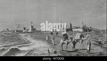 Relaciones hispanomarroquíes. Marruecos. Vista de Mogador. En esta localidad se celebró la Conferencia entre diplomáticos españoles y marroquíes, pour la reconnaissance territorial y cesión de Santa Cruz de Mar Pequeña, población de la Costa Atlántica africana que antiguamente, entre los siglos XV, XVI y España y nuevamente perteneció une reconquistada en los campos de la batallas de Tetuan en 1860. Así se cumplió uno de los artículos del Tratado de Paz con Marruecos. Dibujo por Alvarez Dumont. La gravure. La Ilustración Española y Americana, 30 de abril de 1883. Banque D'Images