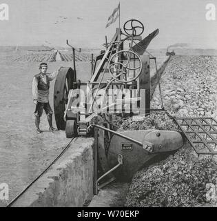 España. Aragón. Huesca. Colonia de San Juan. Plantación y cultivo de la vidéo une vapeur, 'Sistema Oliver'. Gran Arado 'Oliver', que abre surcos un 85 centímetros de profundidad, en la "Colonia de San Juan'. Dibujo por Nao. Gravure par Rico. La Ilustración Española y Americana, nayo de 1883. Banque D'Images