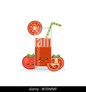 Le jus de tomate. Kawai Cute smiling cartoon avec des tranches de jus dans un verre de jus de la paille. Illustration de Vecteur