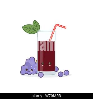 Le jus de raisin. Kawai Cute smiling cartoon avec des tranches de jus dans un verre de jus de la paille. Illustration de Vecteur
