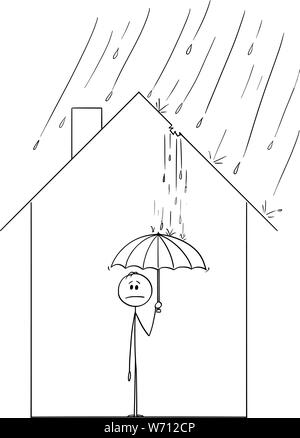 Vector cartoon stick figure dessin illustration conceptuelle de l'homme frustré holding umbrella à l'intérieur de sa maison de famille, parce que la pluie s'en vient à travers le trou dans le toit. Illustration de Vecteur