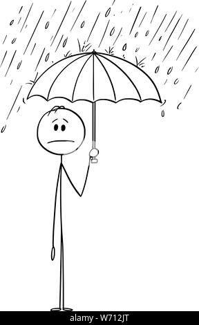 Vector cartoon stick figure dessin illustration conceptuelle de l'homme ou homme debout dans la pluie ou tempête et holding umbrella. Il est en sécurité et cachés de la crise. Illustration de Vecteur