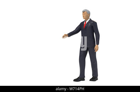 Miniature toy businessman figure présentant un espace blanc vide, concept isolé sur fond blanc Banque D'Images