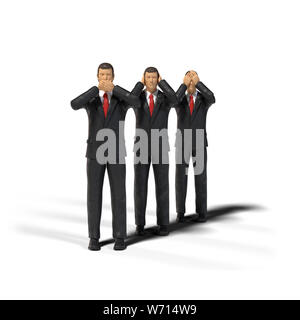 3 affaires de la figure miniature jouet trois singes sages posent isolé sur fond blanc (voir pas de mal, ne rien entendre, ne rien dire) Banque D'Images