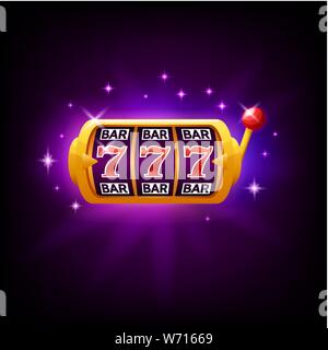 Lucky Seven sur machine à sous, icône de casino en ligne, jeu mobile, fortune chance symbole, vector illustration avec sparkles sur fond violet foncé Illustration de Vecteur