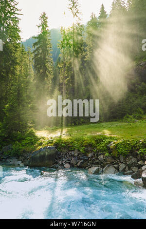 Le brouillard et les rayons de lumière dans les forêts de Krimml Banque D'Images