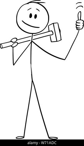 Vector cartoon stick figure dessin illustration conceptuelle de l'homme ou de l'ouvrier de construction avec grand marteau showing thumb up geste. Illustration de Vecteur