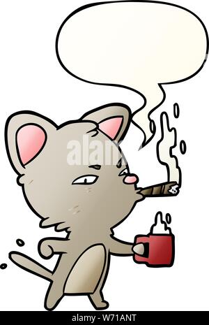 Cartoon chat sérieux avec café et cigare avec bulle en bon style de dégradé Illustration de Vecteur