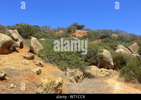 Une vue panoramique de Caminho da Baleeira près de la réserve naturelle à Albufeira Banque D'Images