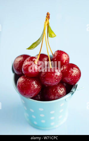 Les cerises douces fraîches mûres dans un seau décoratif sur un fond bleu. Le concept de vitamines, une alimentation saine. Châssis vertical. Banque D'Images