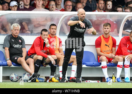 Kingston, au Royaume-Uni. 06Th Aug 2019. Rotherham Utd Manager Paul Warne au cours de l'EFL Sky Bet League 1 match entre l'AFC Wimbledon et Rotherham United au Cherry Red Records Stadium, Kingston, en Angleterre, le 3 août 2019. Photo de Ken d'Étincelles. Usage éditorial uniquement, licence requise pour un usage commercial. Aucune utilisation de pari, de jeux ou d'un seul club/ligue/dvd publications. Credit : UK Sports Photos Ltd/Alamy Live News Banque D'Images