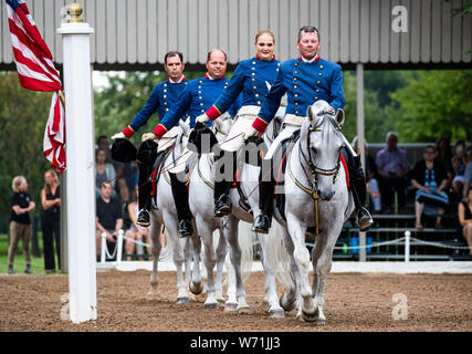 Chicago, USA. 3e août 2019. Chevaux et cavaliers effectuer durant un spectacle de Tempel Lipizzans, une installation d'entraînement de dressage, à Tempel fermes au Old Mill Creek, Illinois, États-Unis, le 3 août 2019. Crédit : Joel Lerner/Xinhua Banque D'Images