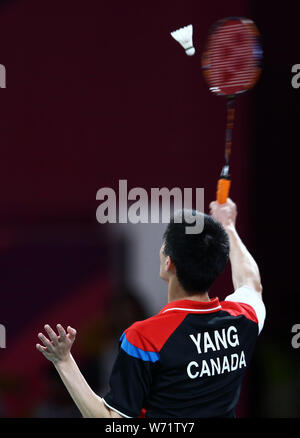 Lima, Pérou. Le 04 août, 2019. 2 août 2019, Lima, Pérou, des Jeux panaméricains, Mens badminton final ; National Sports Village - Videna : Brian Yang du Canada contre Ygor Coelho du Brésil : Action Crédit Plus Sport Images/Alamy Live News Banque D'Images