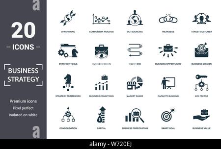 La stratégie de l'entreprise icon set. Rempli d'affaires contiennent télévision vision, valeur commerciale, stratégie de marque, des conditions du marché, la stratégie concurrentielle, Illustration de Vecteur