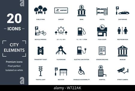 City Elements icon set. Accessibilité handicapés télévision remplis contiennent, feu de circulation, stationnement pour vélos, parking, station-service, l'appareil photo de rue Illustration de Vecteur