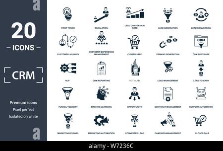Icon Set CRM. Gestion de campagne télévision remplis contiennent, la clôture d'une vente, converti de plomb, logiciel crm, parcours du client, la génération de la demande, premier contact Illustration de Vecteur