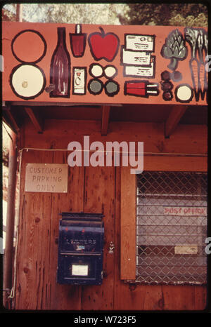 COUNTRY STORE AVEC UNE PUBLICITÉ AVANT PEINT ARTICLES À VENDRE À MALIBU LAKE DANS LES MONTAGNES DE SANTA MONICA, PRÈS DE MALIBU EN CALIFORNIE, QUI EST SITUÉ AU NORD-OUEST DE LA POINTE DE LOS ANGELES COUNTY. Les montagnes contiennent la dernière semi-désert DANS LE COMTÉ DE LOS ANGELES. Ce domaine jusqu'à présent a échappé à l'INTENSE DÉVELOPPEMENT DE LA PRESSION. Environ 84 POUR CENT DES RÉSIDENTS DE L'ÉTAT VIVENT À MOINS DE 30 MILLES DE LA CÔTE, ET CETTE CONCENTRATION A DONNÉ NAISSANCE À L'AUGMENTATION DE LA PRESSION D'UTILISATION DES TERRES Banque D'Images