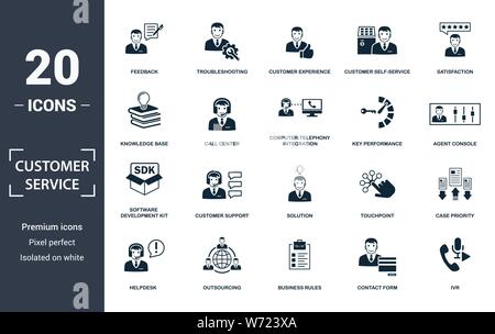 Customer Service icon set. Contenir la console de l'agent, remplis de télévision priorité du cas, l'expérience client, le self-service client, support technique, base de connaissances Illustration de Vecteur