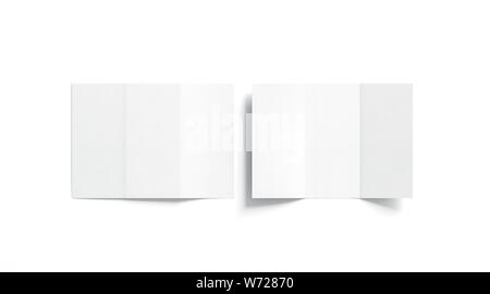 Blanc Blanc tri brochure pliée des maquettes, ouvert et fermé, l'avant et l'arrière, vue du dessus, rendu 3d. Les brochures ordinaire ensemble les maquettes isolés. Banque D'Images