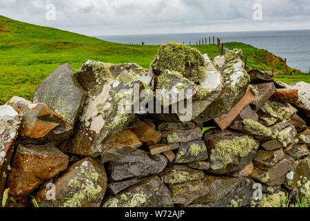 Petit mur de rochers calcaires avec de la mousse et la mer en arrière-plan sur la promenade côtière de Doolin route vers les falaises de Moher, de façon sauvage de l'Atlantique Banque D'Images