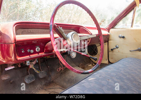 L'intérieur d'une belle mais abandonné 1960 Chevy Impala avec les mauvaises herbes qui poussent autour d'elle Banque D'Images