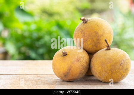 Close up Santol tropical fruit sur table en bois et avec l'arrière-plan flou vert Banque D'Images