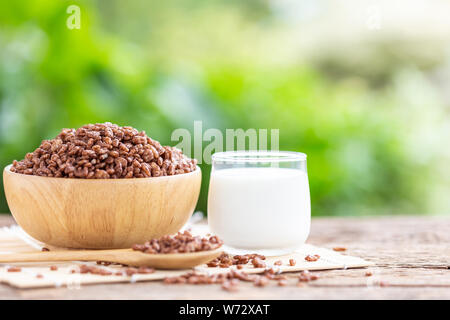 Céréales Petit déjeuner, riz soufflé au cacao dans un bol et verre de lait sur la table en bois avec espace vert pour l'arrière-plan flou texte ou dessin. Concept alimentaire Banque D'Images