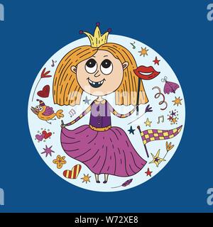 Parti Mardi gras vector illustration. Carnaval et carte d'anniversaire avec doodle illustration et devis lettrage. Fille de la princesse costume. Greetin ronde Illustration de Vecteur