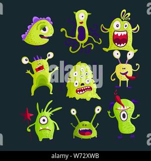 Cute cartoon vector monster icônes dans un style. Handdrawn autocollants. Bébé couleur cliparts. Grand jeu de caractères d'halloween isolé. Illustration de Vecteur