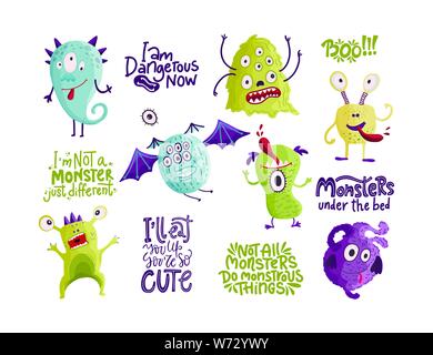 Cute cartoon vector monster icônes dans un style. Handdrawn autocollants. Bébé couleur cliparts. Grand jeu de caractères d'halloween isolé. Illustration de Vecteur