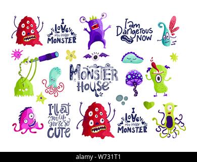 Cute cartoon vector monster icônes dans un style. Handdrawn autocollants. Bébé couleur cliparts. Grand jeu de caractères d'halloween isolé avec hand drawn l Illustration de Vecteur