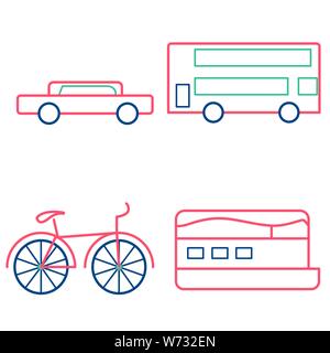 Contours d'icônes dans coral laisser la couleur. Voiture, bus, bateau et vélo Illustration de Vecteur