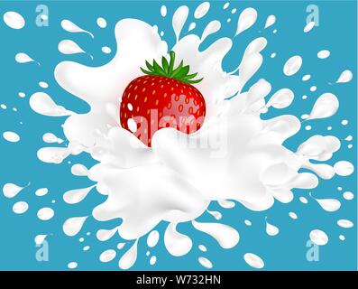 Concept alimentaire. Vector illustration réaliste avec de la crème de fraise, sur un fond bleu Illustration de Vecteur