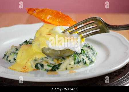 Oeufs Sardou - un œuf poché servi sur un fond d'artichaut sur un lit d'épinards à la crème, garni de sauce hollandaise et une peau de tomate frite en garniture. Banque D'Images